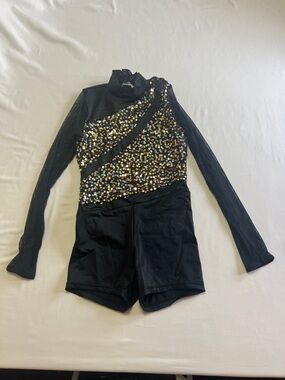 Weissman Black Sequin One-Shoulder Romper with Holographic Sequins